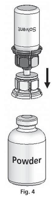 Umieścić niebieską część Mix2Vial na górze fiolki z rozpuszczalnikiem i mocno wcisnąć aż do zatrzaśnięcia (ryc. 2 + 3). adapter fiolki z proszkiem (przezroczysty) wbudowany filtr ryc.