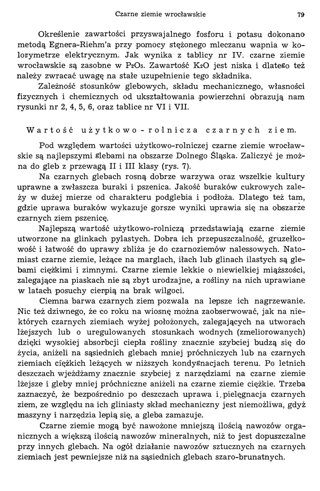 Czarne ziemie wrocławskie 79 Określenie zawartości przyswajalnego fosforu i potasu dokonano metodą Egnera-Riehm a przy pomocy stężonego mleczanu wapnia w kolorym etrze elektrycznym.