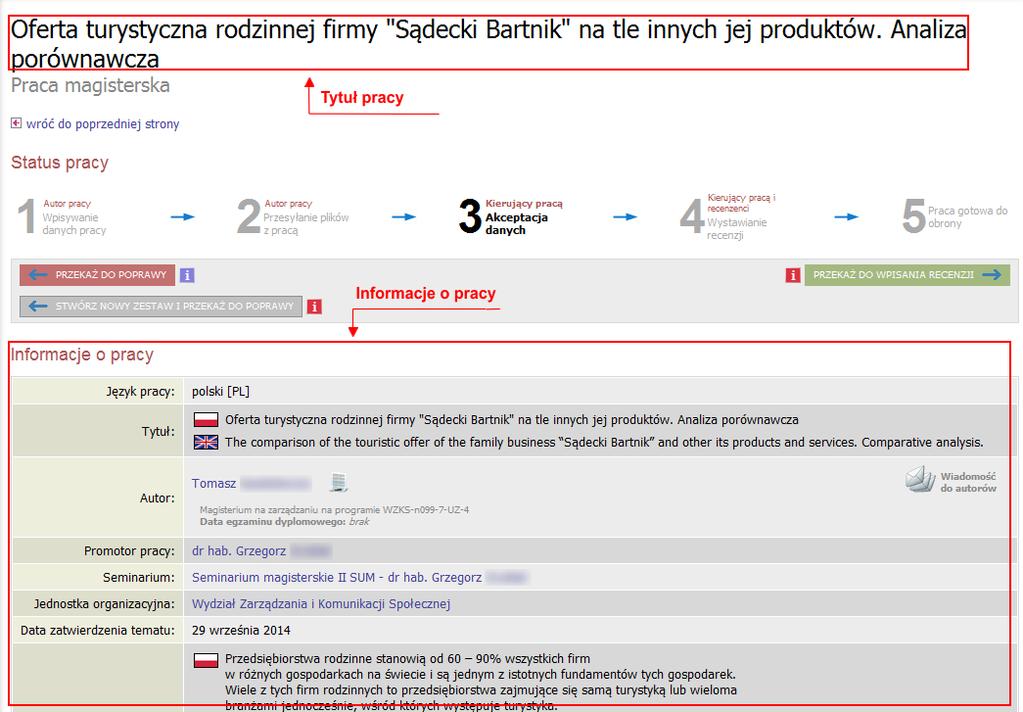 Zarówno dane pracy jak i pliki muszą być sprawdzone przed przekazaniem pracy do recenzji.