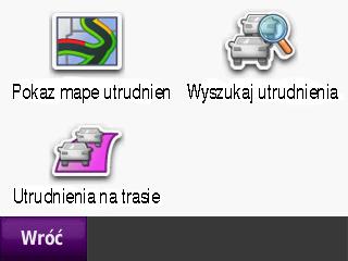 Komunikaty Drogowe TMC Przeglądanie Mapy Utrudnień Mapa Utrudnień wyświetla kolorowe kody utrudnień i opóźnienia na pobliskich drogach. 1. Na ekranie Mapy, dotknij ikonę utrudnień. 2.