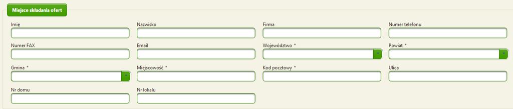 Uzupełnienie danych miejsca składania ofert W sekcji Miejsce