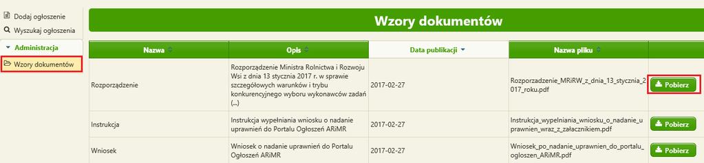 Powyższa operacja spowoduje przejście do okna Wzory dokumentów, na którym Użytkownik ma możliwość pobrania