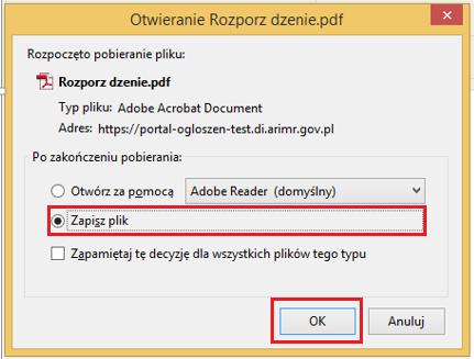 Pobranie dokumentu następuje poprzez wciśnięcie przycisku Pobierz, którego wybranie spowoduje pojawienie się okna