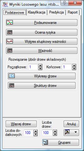 ` Po kliknięciu przycisku OK w oknie Ustawienia losowego lasu rozpocznie się tworzenie modelu. Program domyślnie tworzy 100 drzew i kończy proces uczenia.