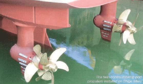 Proposals and Possibilities of Unconventional Thrusters Applications for Ship Propulsion Rys. 6. Nap d dwoma p dnikami gondolowymi ( ruby przeciwbie ne) statku Shige Maru [2] Fig. 6. The twin contra-rotating pod propellers installed on Shige Maru [2] Rys.
