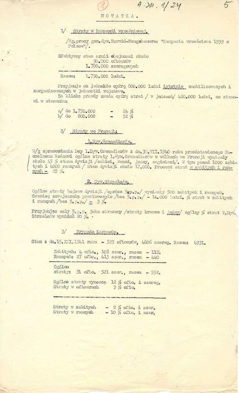 2 NOTATKA. 2/ Straty w kampanii_ wrześniowej. /v[g.pracy gen.dyw.norwid-neugebauera: "Kampania wrześniowa 1939 w roi sc e"/. Efektywny stan armii obejmował około 50;000 oficerów 1.700.