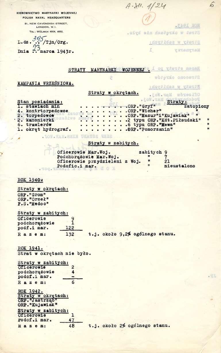 KIEROWNICTWO MARYNARKI WOJENNEJ POLISH NAVAL HEADQUARTERS 51, NEW CAVENDISH STREET, LONDON, W.1. TEL WELBEcK 4804, 4892. L.dz. 'T2T jn/org. Dnia Z3marca 1943r...Axd eia r X, X=311Y1.