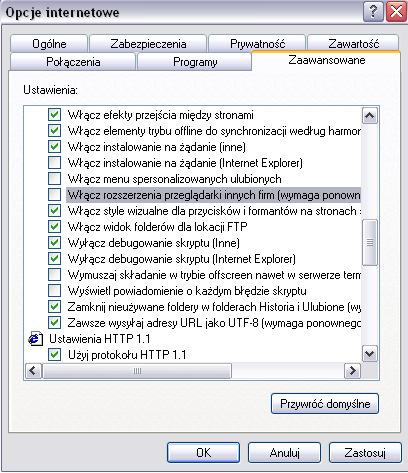 2. Następnie w menu Narzędzia / Opcje internetowe / Zaawansowane / część Przeglądanie