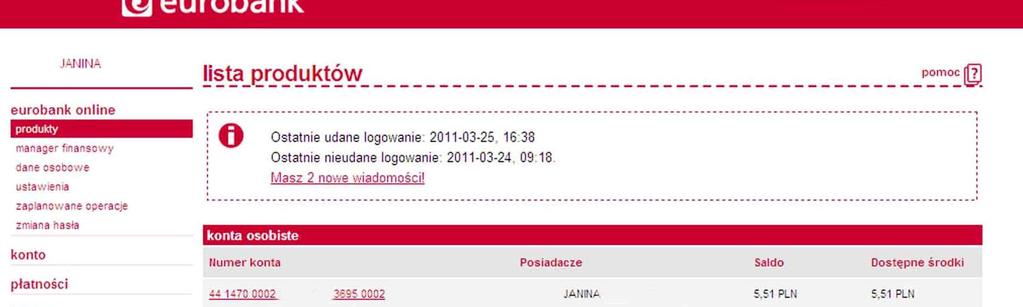 Produkty Po poprawnym zalogowaniu pojawi się strona