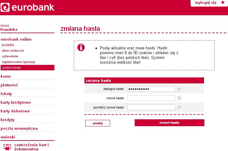 Zmiana hasła Hasło tymczasowe musisz zmienić już podczas pierwszego logowania. Kolejnej zmiany hasła możesz dokonać w dowolnym momencie korzystania z serwisu.