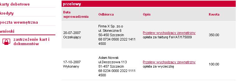 Na liście przelewów będą widoczne przelewy oczekujące, przyjęte do realizacji, odrzucone oraz