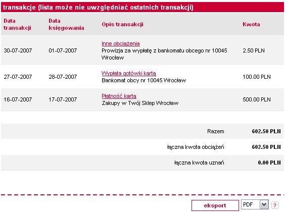 Zestawienie bieżących operacji możesz eksportować do wybranych rodzajów plików w formacie:.pdf,.csv i.xml.