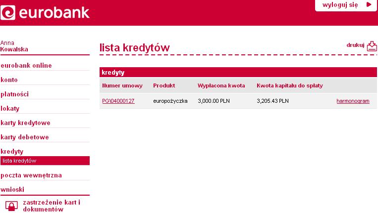 Twoje Kredyty Lista kredytów W eurobank online możesz przeglądać szczegóły kredytów gotówkowych oraz ratalnych zaciągniętych w Euro