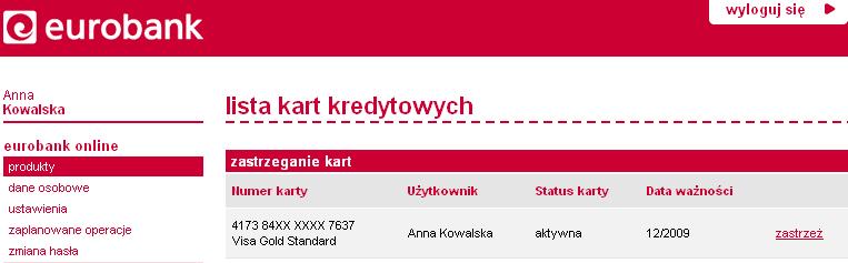 W menu wybierz opcję zastrzeżenie kart i dokumentów wyświetli się strona, z której możesz wybrać zastrzeżenie karty kredytowej lub dowodu tożsamości.