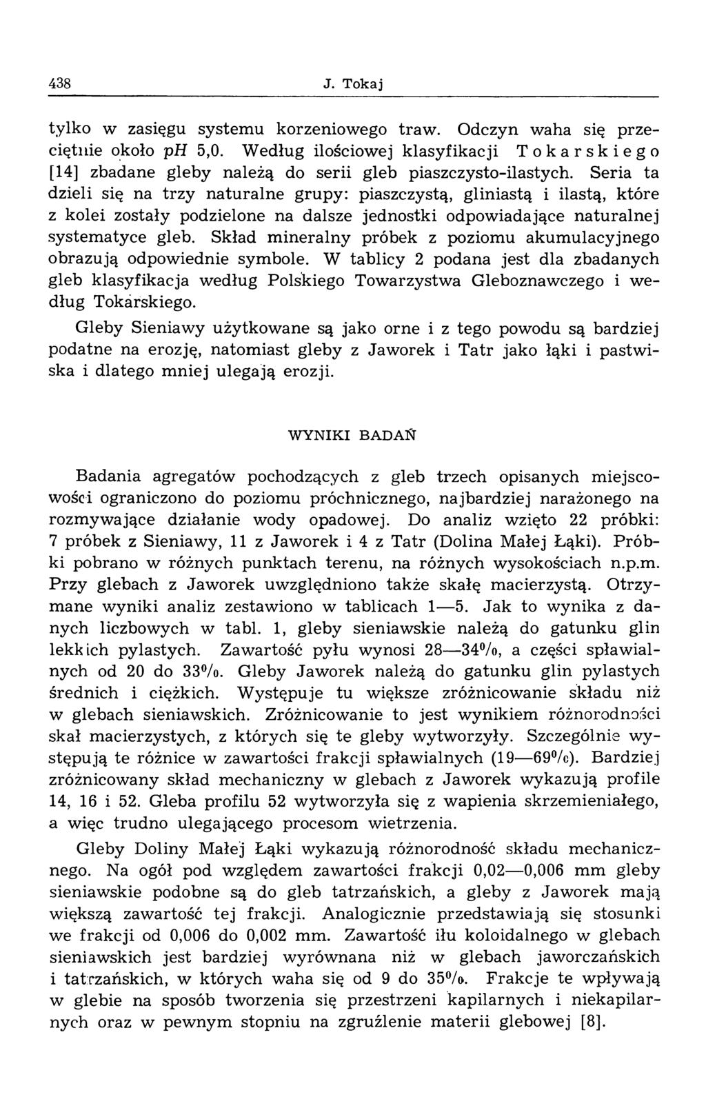 438 J. Tokaj tylko w zasięgu system u korzeniowego traw. Odczyn waha się przeciętnie około ph 5,0.