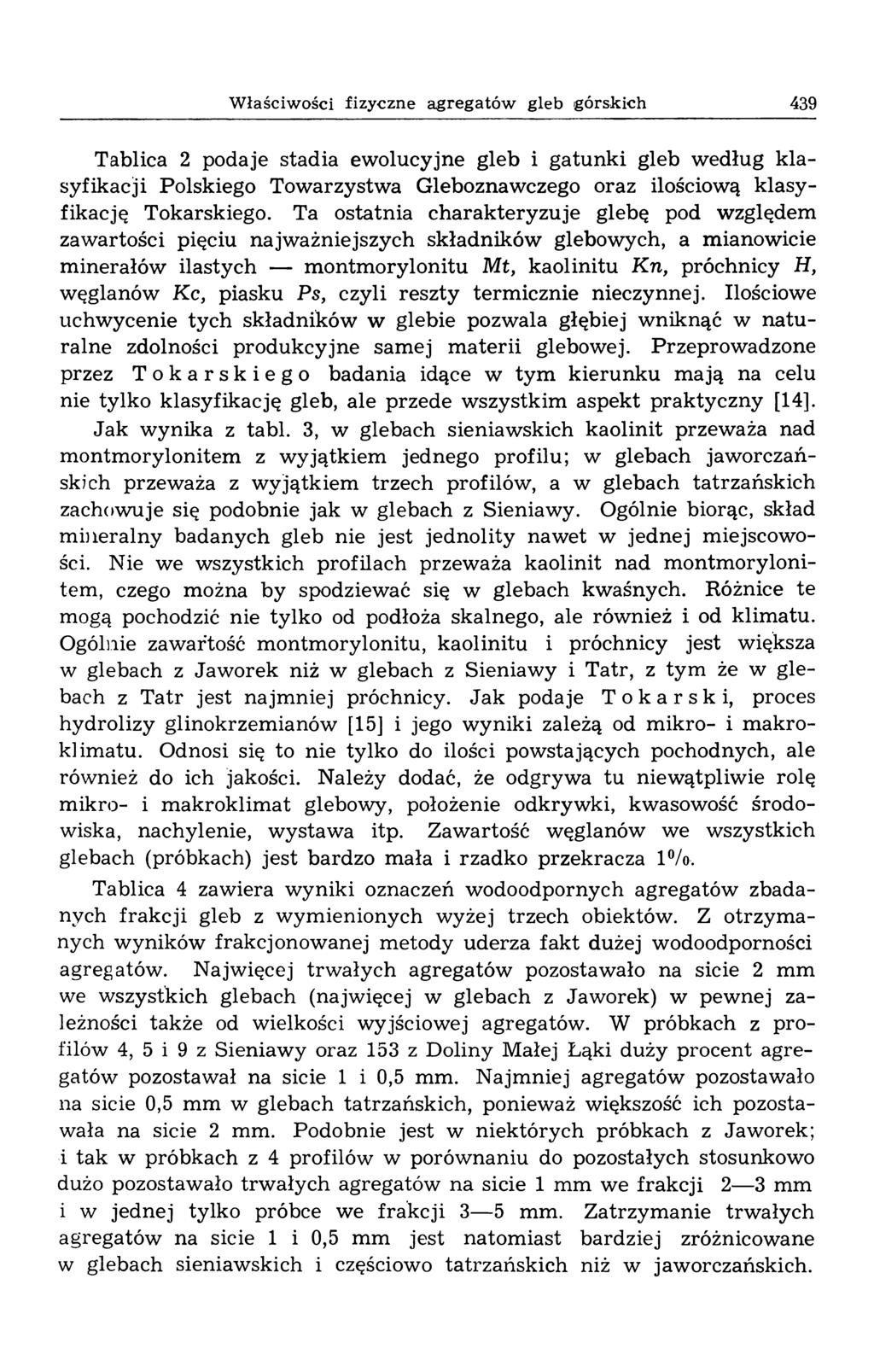 Właściwości fizyczne agregatów gleb górskich 439 Tablica 2 podaje stadia ew olucyjne gleb i g atu n k i gleb w edług k la syfikacji Polskiego Tow arzystw a Gleboznawczego oraz ilościową k lasy