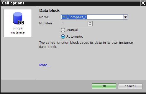 (PID_Compact_DB) następnie zaznaczyć Automatic i kliknąć OK. W oknie programu pojawi się blok PID_Compact_DB, w którym należy wprowadzić adresy wejść i wyjść (zdefiniowane wcześniej w PLC Tags), np.