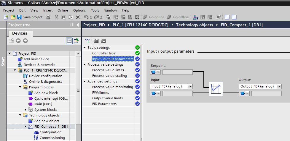 Otworzy się okno konfiguracji parametrów obiektu technologicznego określające pracę regulatora PID.