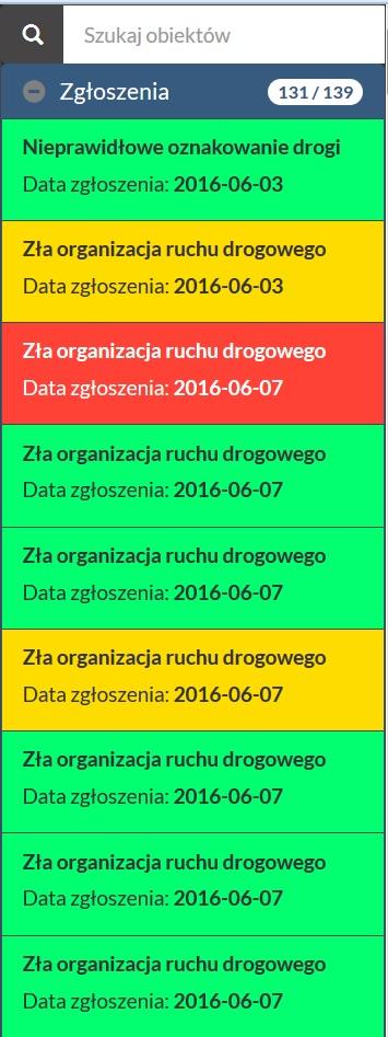 5. Aby wyszukiwać zgłoszenia należy wykorzystać do tego listę zgłoszeń znajdującą się po prawej stronie serwisu mapowego a. Lista zgłoszeń wyświetla zgłoszenia w zależności od skali mapy.