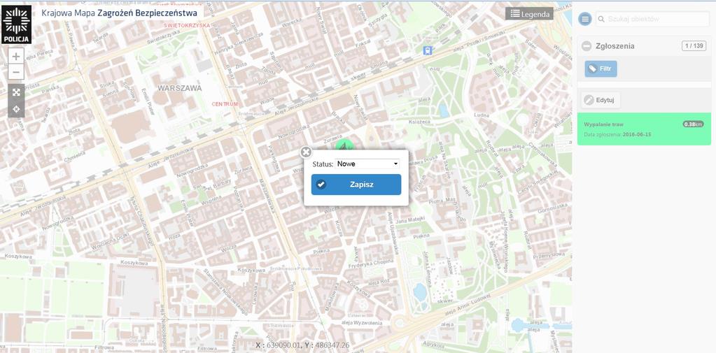 Po wyszukaniu i przybliżeniu się mapy do interesującego nas zgłoszenia lista zgłoszeń ogranicza się do jednego zgłoszenia wyświetlonego na mapie.