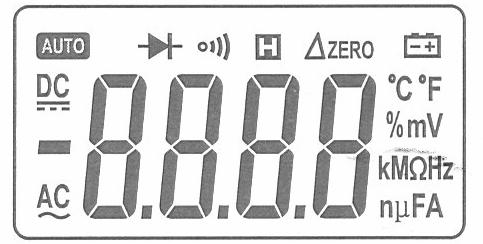 1) Cęgi pomiarowe. 2) Ozaczenie kierunku przepływu prądu stałego (DC). 3) Przycisk HOLD. 4) Obrotowy przełącznik wyboru funkcji. 5) Przycisk ZERO. 6) Wyświetlacz LCD. 7) Gniazdo wejściowe VΩ Hz.
