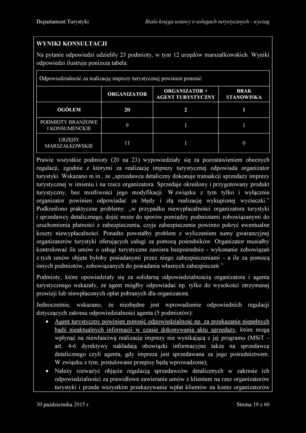 PODMIOTY BRANŻOWE I KONSUMENCKIE URZĘDY MARSZAŁKOWSKIE 9 1 1 11 1 0 Prawie wszystkie podmioty (20 na 23) wypowiedziały się za pozostawieniem obecnych regulacji, zgodnie z którymi za realizację