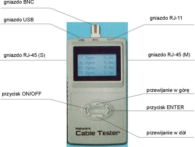 7. Pomiary 7.1 Podłączenie sprawdzanego kabla Test jest wykonywany z wykorzystaniem terminatora - badany kabel podłączony jest do portu testera, a jego drugi koniec do terminatora.