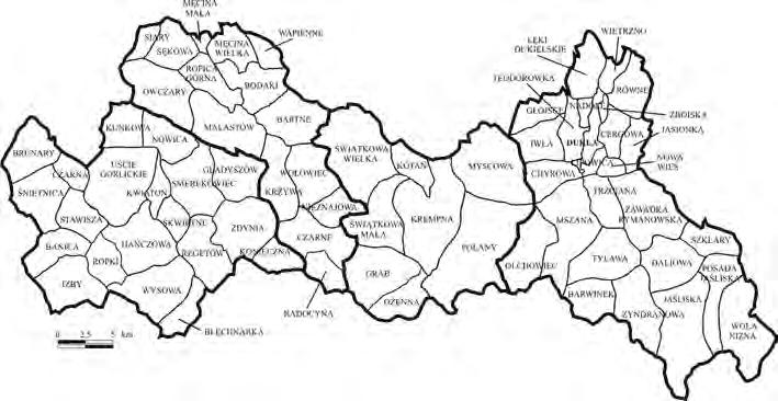 Typologia przestrzenna użytkowania ziemi w przygranicznych gminach Beskidu Niskiego Podział administracyjny obszaru badań Zakres opracowania obejmuje cztery gminy znajdujące się pod względem