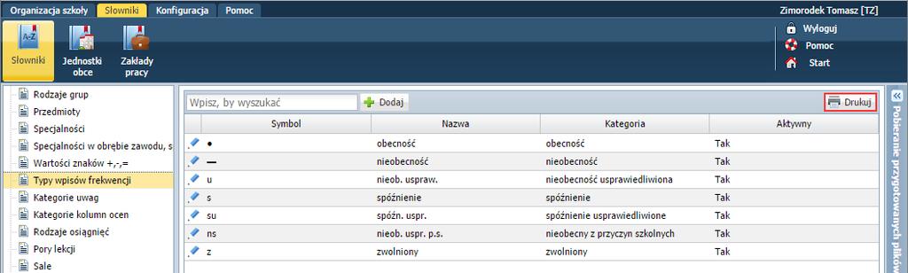 Aby wydrukować listę oddziałów: Przejdź do widoku Organizacja szkoły/ Oddziały. W drzewie danych kliknij gałąź Oddziały bieżące wyświetli się lista oddziałów.