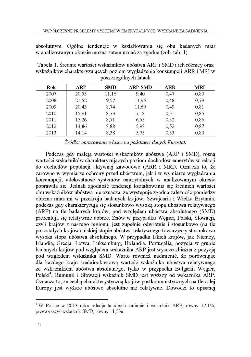 WSPÓŁCZESNE PROBLEMY SYSTEMÓW EMERYTALNYCH. WYBRANE ZAGADNIENIA absolutnym. Ogólne tendencje w kształtowaniu się obu badanych miar w analizowanym okresie można zatem uznać za zgodne (zob. tab. 1).