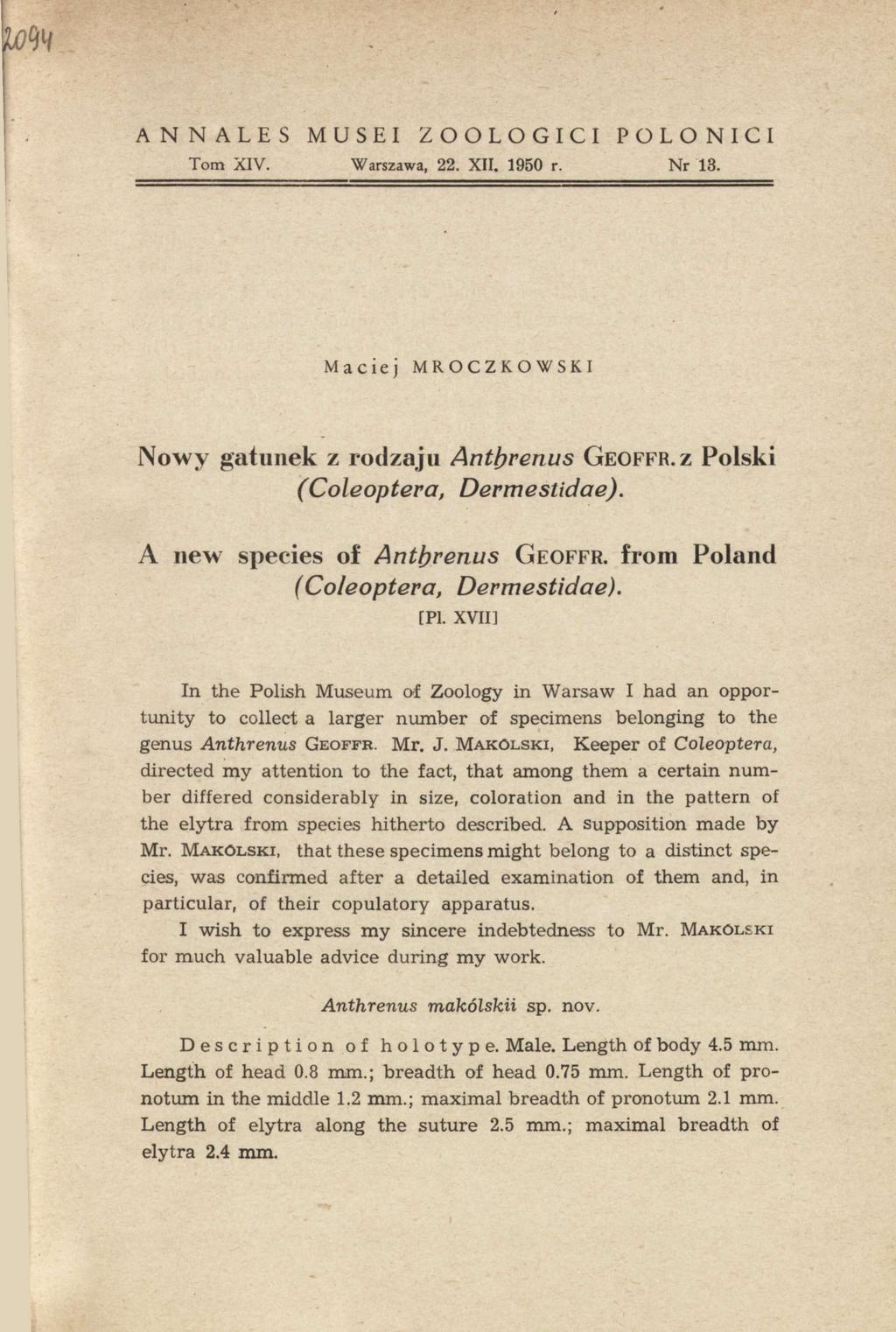 ANNALES MUSEI ZOOLOGICI POLONICI Torn XIV. Warszawa, 22. X II. 1950 r. Nr 13. Maciej MROCZKOWSKI Nowy gatunek z rodzaju Anthrenus G eoffr.z Polski ( Coleoptera, Dermestidae).
