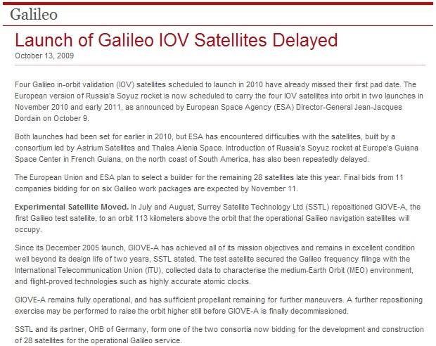 Przełożenie umieszczenia 4 satelitów Galileo na 2010/2011 w przestrzeni kosmicznej Satelity służyć mają testom nad sprawnością systemu