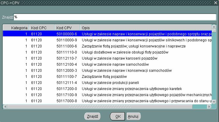 Rys 3. Wyszukiwarka kodów CPC i odpowiadających kodów CPV. 4. Wyszukiwanie i zarządzanie informacjami przechowywanymi w Systemie.