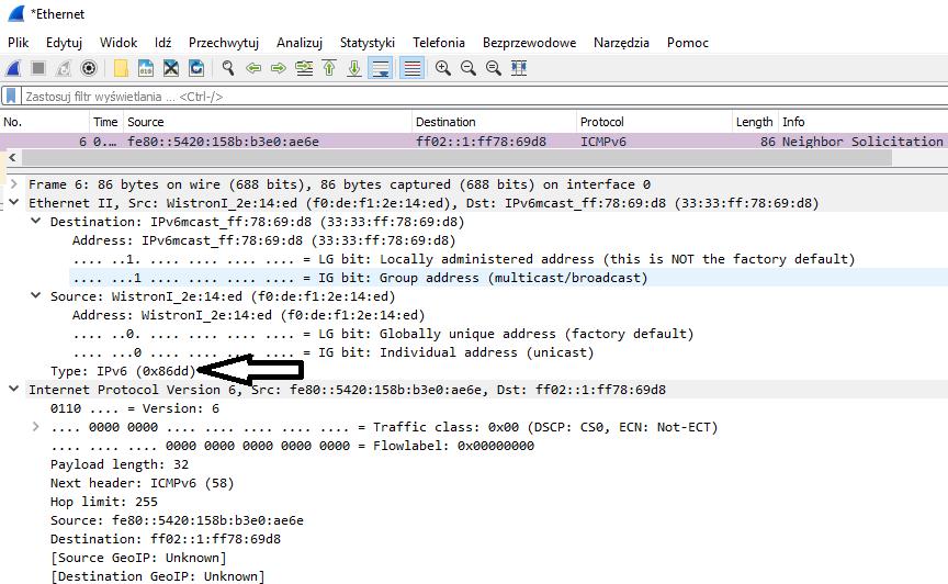 10 Mariusz Piwiński Rysunek 5 Przechwycona za pomocą programu Wireshark transmisja związana z obsługą protokołu IPv6. 4.