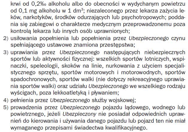 Za co AXA nie odpowiada czyli wyłączenia Dla umowy podstawowej i wszystkich umów dodatkowych: Jeżeli nieszczęśliwy wypadek jest następstwem: 1) działań wojennych, zbrojnych albo świadomego i