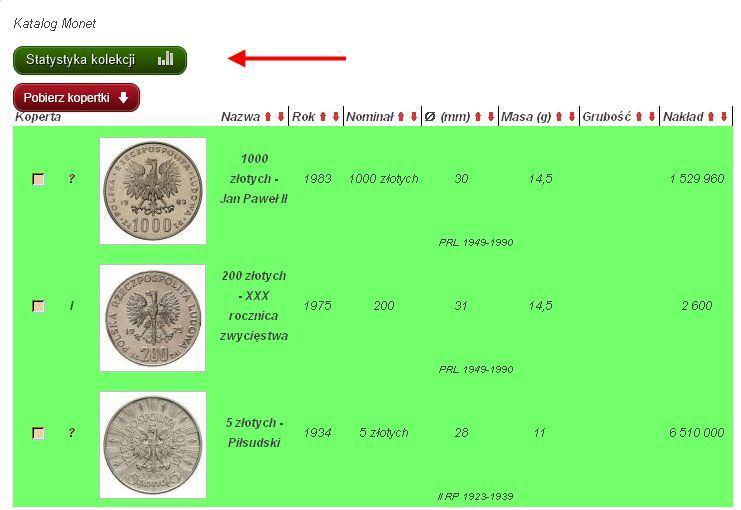 Statystyka kolekcji Po kliknięciu na przycisk "Statystyka kolekcji" dowiesz się takich informacji jak: - liczba monet w kolekcji (nie uwzględnia duplikatów), - wysokość kolekcji (gdyby ułożyć