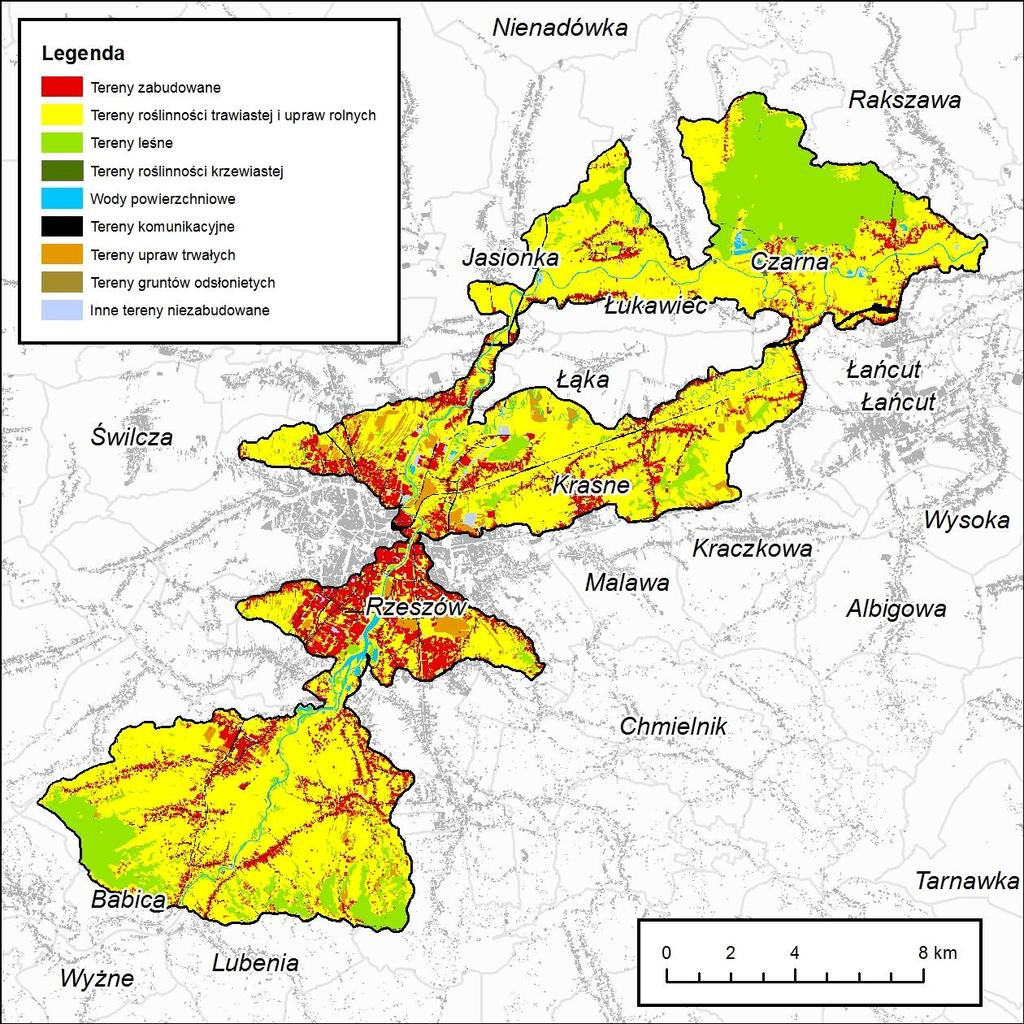 L.p. Typ użytkowania Pow. [km²] Udział [%] 1 Tereny roślinności trawistej i upraw rolnych 111.09 58.64 2 Tereny leśne 33.75 17.82 3 Tereny zabudowane 25.9 13.67 4 Tereny upraw trwałych 8.92 4.