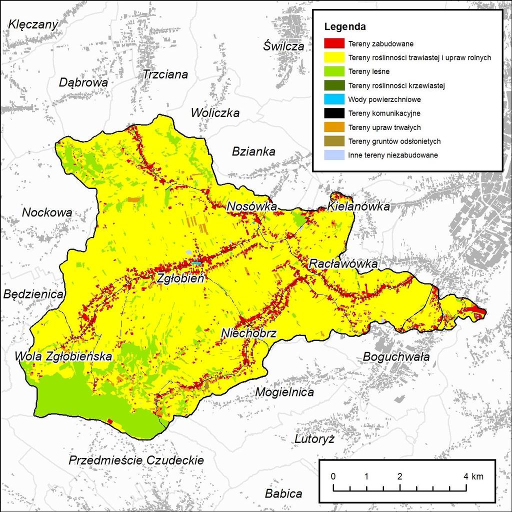 Tab. 8. Udział poszczególnych typów użytkowania w zlewni Lubczy (Z02). L.p. Typ użytkowania Pow. [km²] Udział [%] 1 Tereny roślinności trawistej i upraw rolnych 48.44 74.93 2 Tereny leśne 8.98 13.
