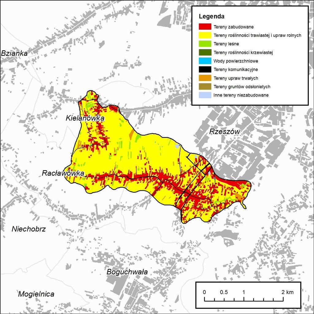 L.p. Typ użytkowania Pow. [km²] Udział [%] 1 Tereny roślinności trawistej i upraw rolnych 4.61 65.49 2 Tereny leśne 0.23 3.21 3 Tereny zabudowane 1.51 21.39 4 Tereny upraw trwałych 0.38 5.