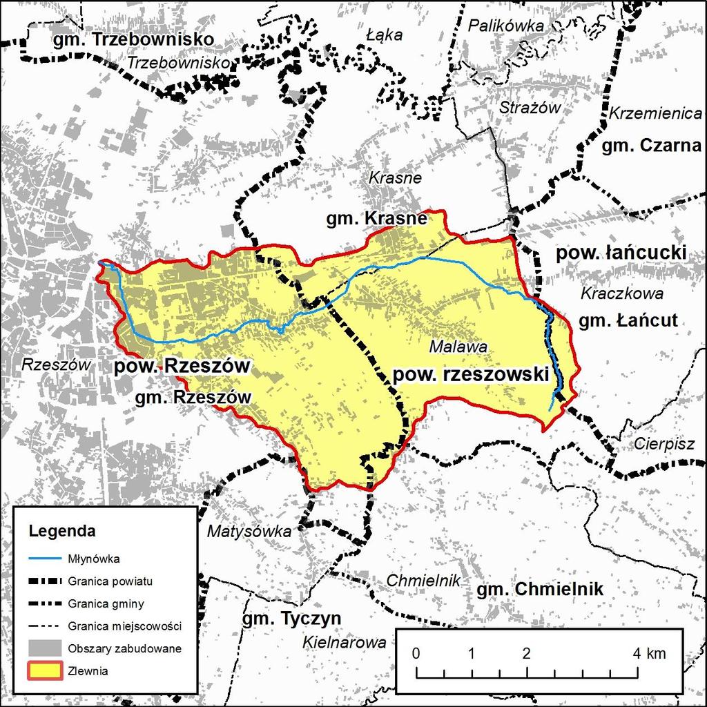 Zlewnia zadaniowa: Młynówka (Z06) 1. Podział administracyjny Zlewnia Młynówki leży w obrębie 5 gmin, jednak zdecydowaną większość zajmują Rzeszów (50.56%) oraz Krasne (46.15%) (Ryc. 23, Tab. 18). Ryc.