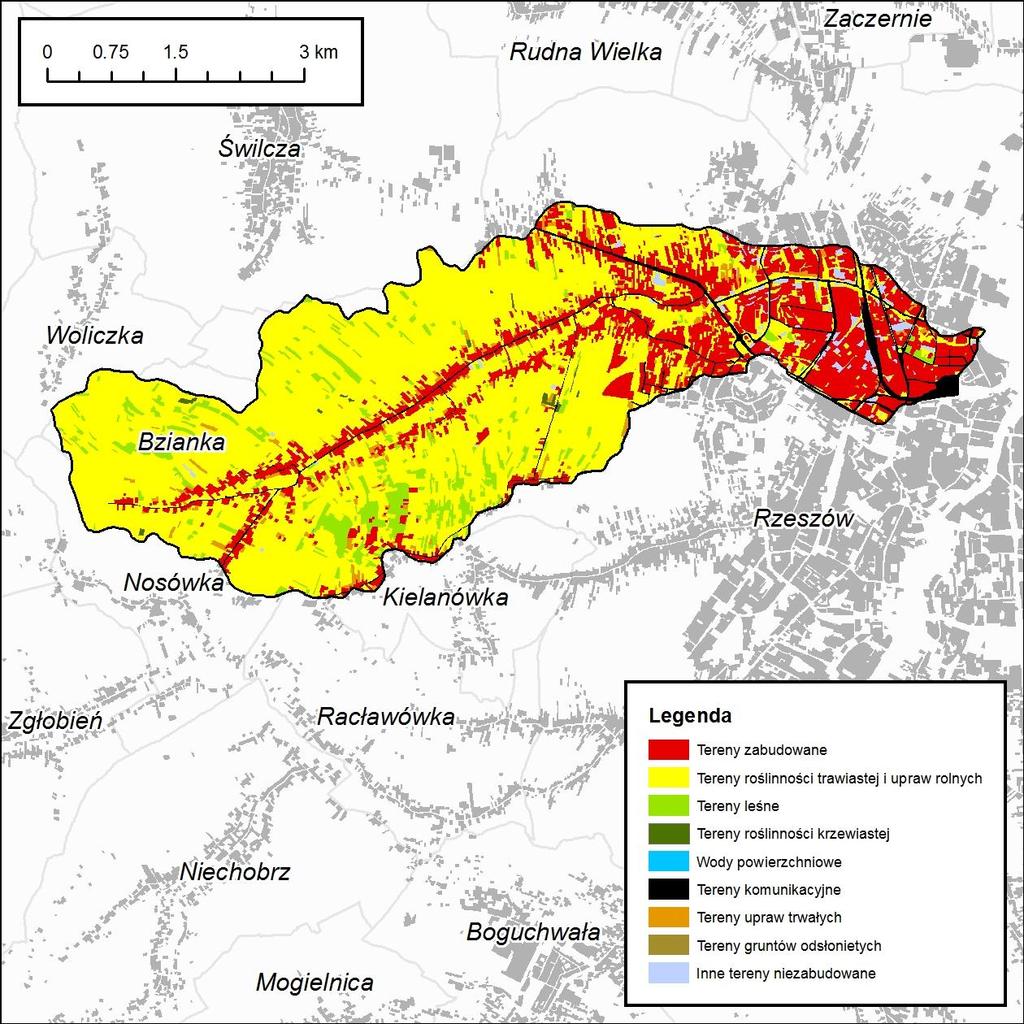 Tab. 23. Udział poszczególnych typów użytkowania w zlewni Przyrwy (Z07). L.p. Typ użytkowania Pow. [km²] Udział [%] 1 Tereny roślinności trawistej i upraw rolnych 15.37 64.44 2 Tereny leśne 1.42 5.