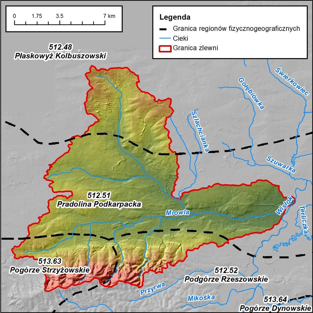 5 Sędziszów Młp. 10.70 6.13 6 Rzeszów 3.00 1.72 7 Iwierzyce 0.89 0.51 2. Fizjografia Zlewnia Mrowli jest trzecią pod względem wielkości zlewnią spośród wszystkich analizowanych.