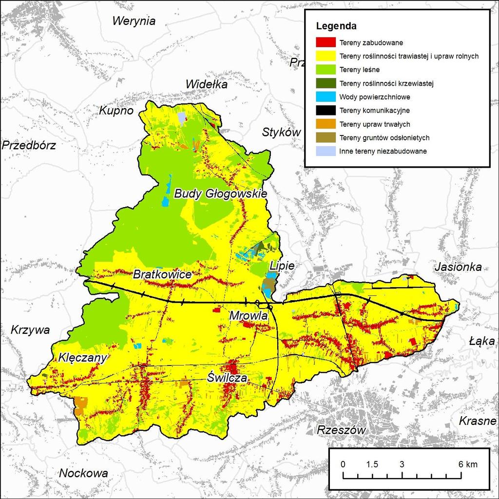 Tab. 26. Udział poszczególnych typów użytkowania w zlewni Mrowli (Z08). L.p. Typ użytkowania Pow. [km²] Udział [%] 1 Tereny roślinności trawistej i upraw rolnych 107.28 61.42 2 Tereny leśne 44.73 25.