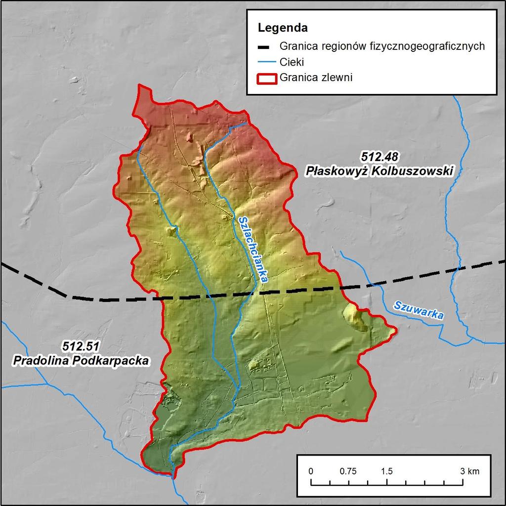 2. Fizjografia Ciek Szlachcianka posiada niewielką zlewnię o powierzchni 23.68 km 2, jednostajnie nachyloną w kierunku południowo-wschodnim.