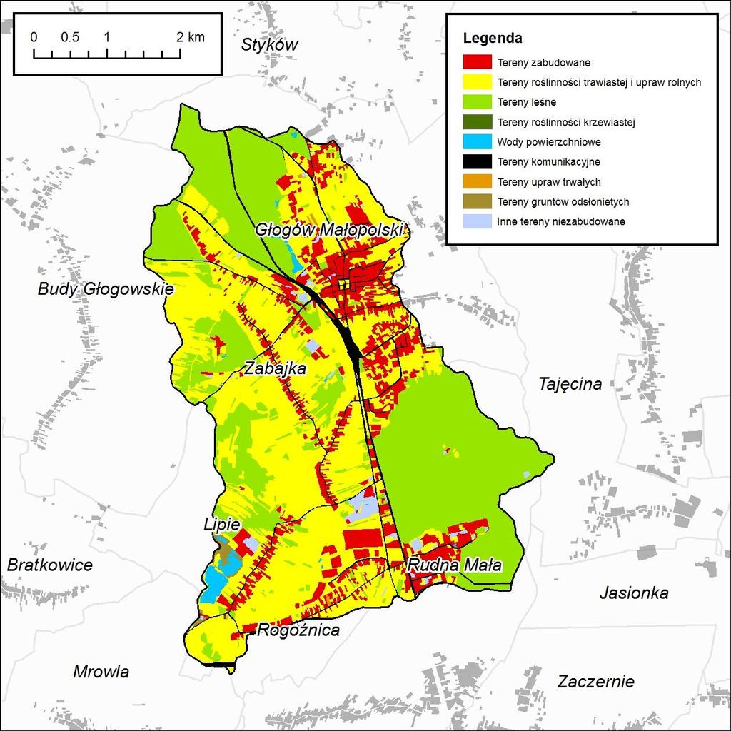 L.p. Typ użytkowania Pow. [km²] Udział [%] 1 Tereny roślinności trawistej i upraw rolnych 10.14 42.8 2 Tereny leśne 8.72 36.81 3 Tereny zabudowane 3.27 13.82 4 Tereny upraw trwałych 0.04 0.