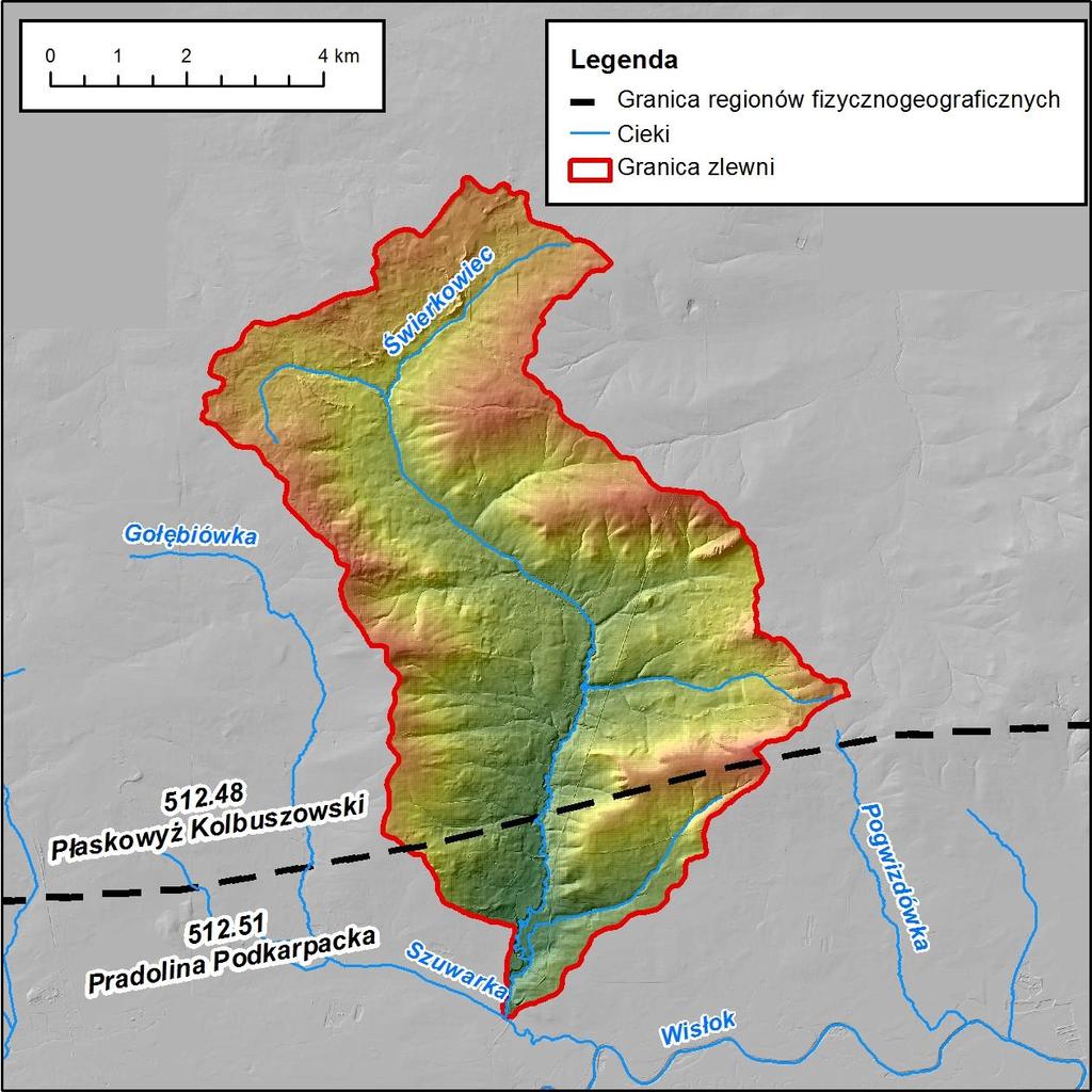 2. Fizjografia Zlewnia Świerkowca położona w północnej części obszaru analizy ma powierzchnię 52.68 km 2. Większość jej obszaru zajmuje Płaskowyż Kolbuszowski (85.44%) w części północnej.