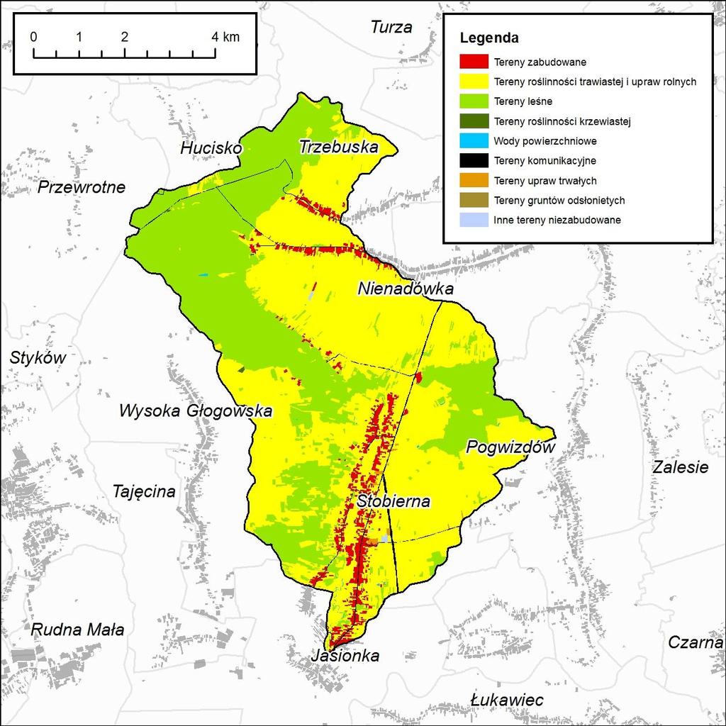 Tab. 32 Udział poszczególnych typów użytkowania w zlewni Świerkowca (Z10). L.p. Typ użytkowania Pow. [km²] Udział [%] 1 Tereny roślinności trawistej i upraw rolnych 30.26 57.45 2 Tereny leśne 2.07 37.