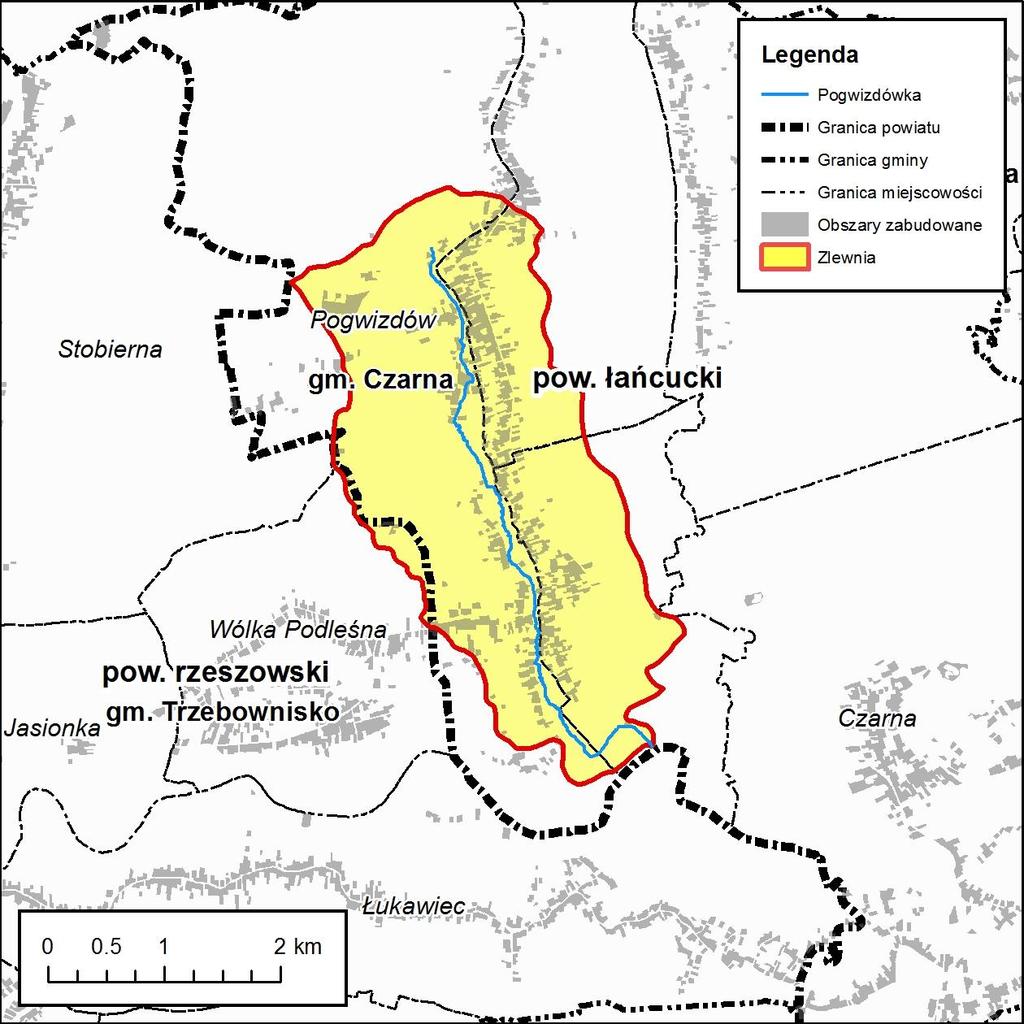 Zlewnia zadaniowa: Pogwizdówka (Z13) 1. Podział administracyjny Zlewnia Pogwizdówki niemal w całości położona jest w gminie Czarna (97.85% powierzchni) w powiecie łańcuckim.