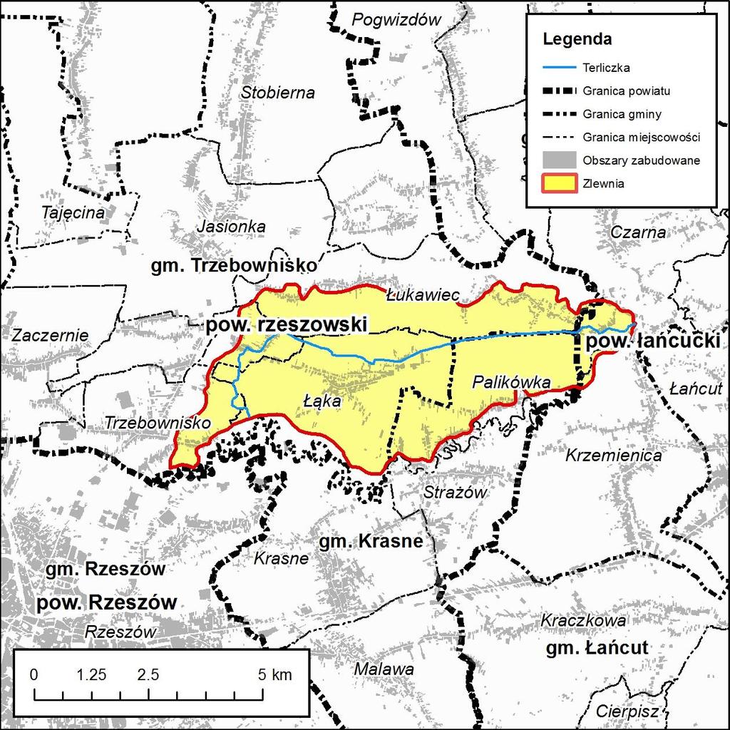 Zlewnia zadaniowa: Terliczka (Z14) 1. Podział administracyjny Zlewnia Terliczki położona jest w granicach 3 gmin: Trzebowniska (71.92%) i Krasnego (22.