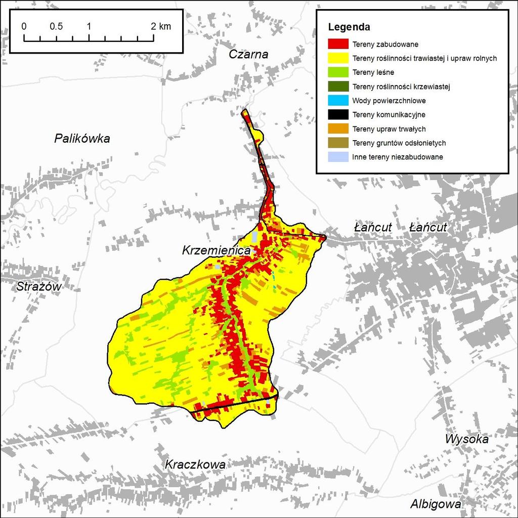 L.p. Typ użytkowania Pow. [km²] Udział [%] 1 Tereny roślinności trawistej i upraw rolnych 3.95 63.25 2 Tereny leśne 0.71 11.33 3 Tereny zabudowane 0.98 15.67 4 Tereny upraw trwałych 0.5 7.